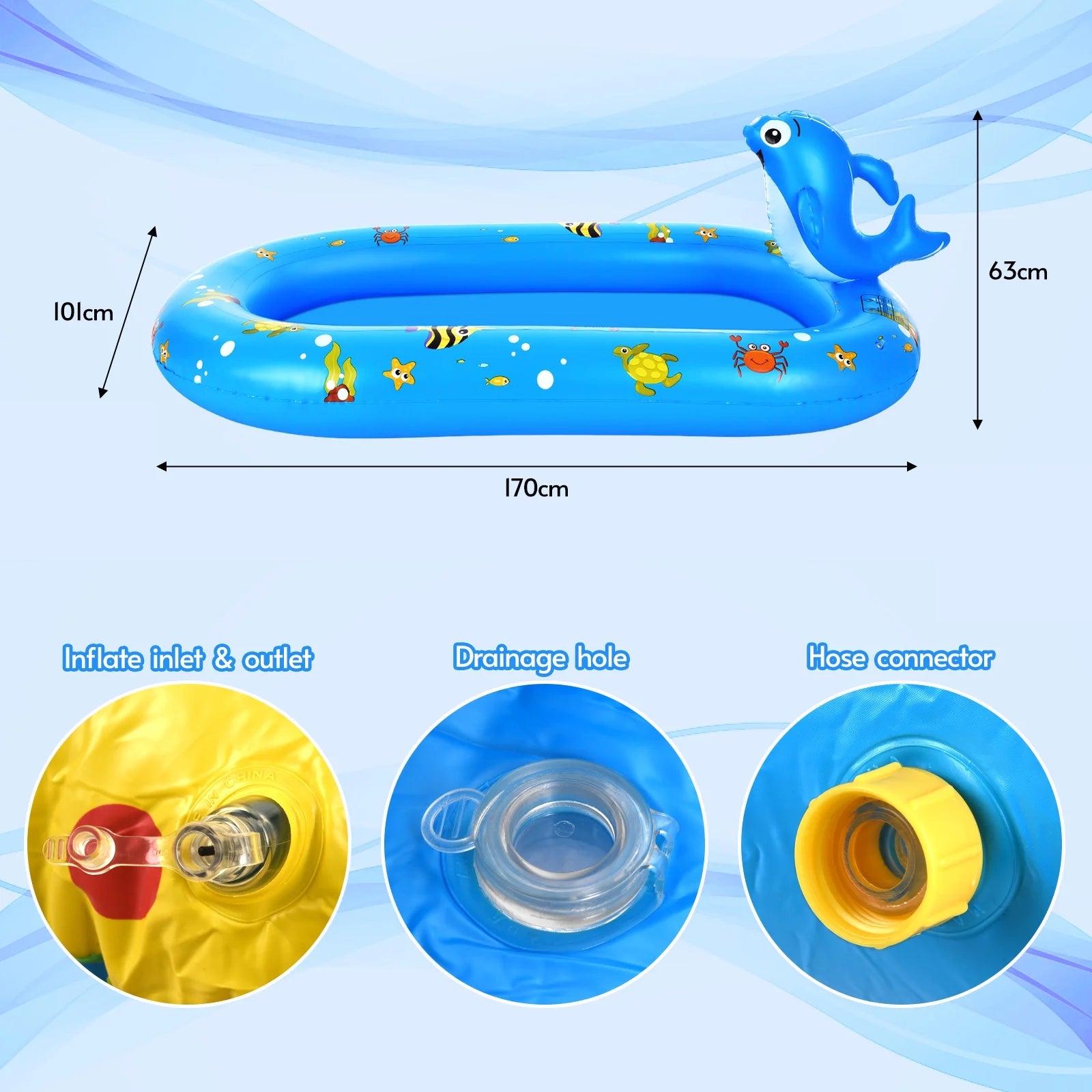 Dolphin Inflatable Sprinkler Pool 67 * 40in Kiddie Pool Y8127