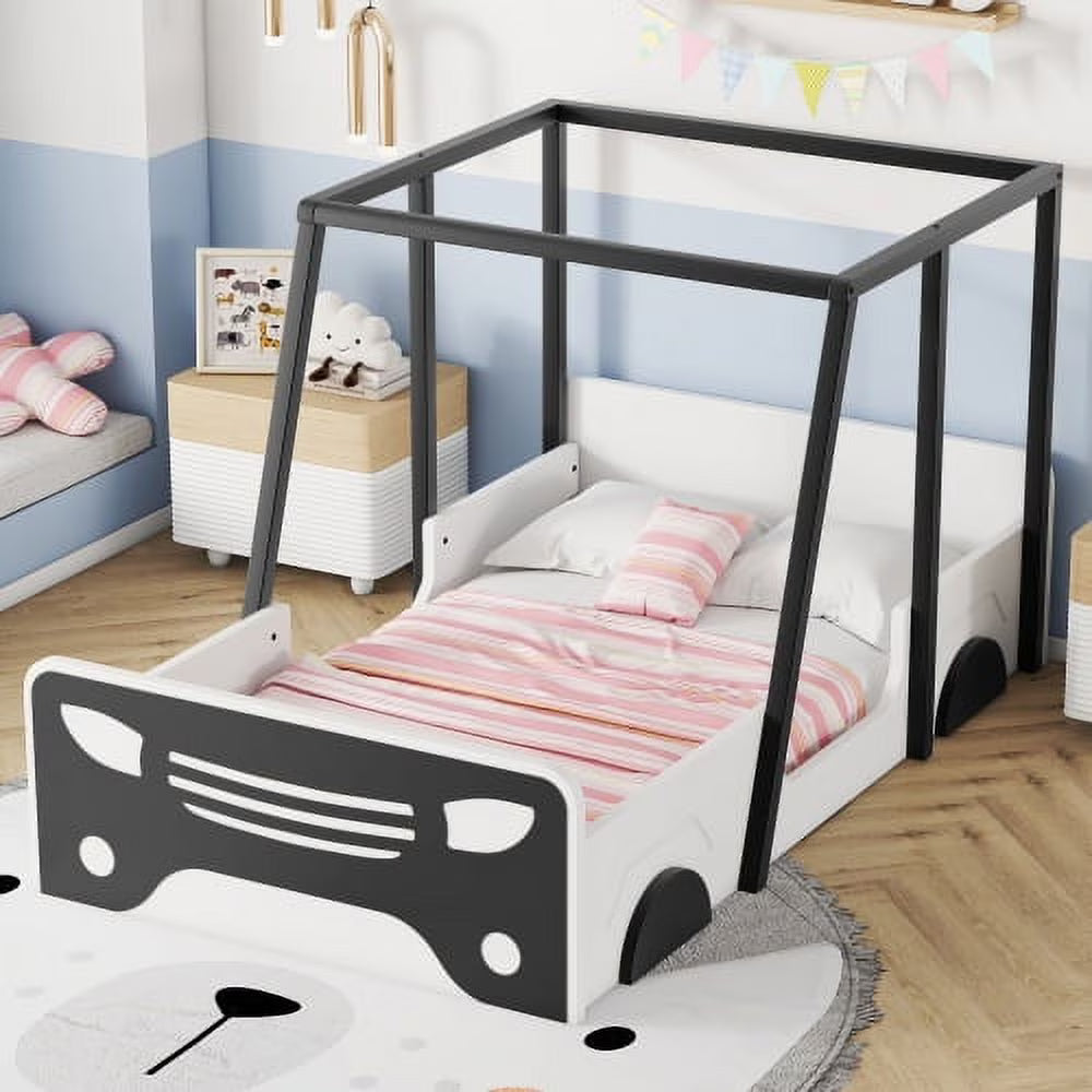 Black Wooden Twin Car-shaped Bed with Roof, Wheels, and Door Z90349