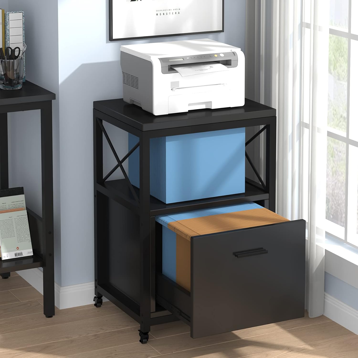 Black Rolling File Cabinet with Drawer Y1132