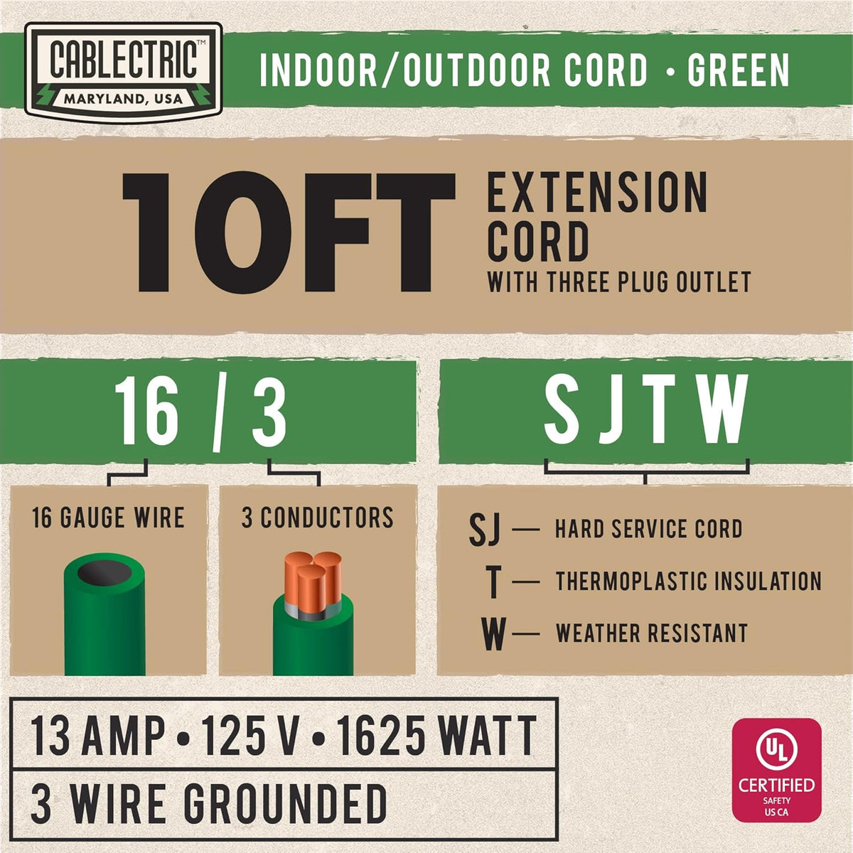 50 Ft Outdoor Extension Cord with 3 Power Outlets, 16/3 SJTW Heavy Duty Yellow Lighted Cable H835