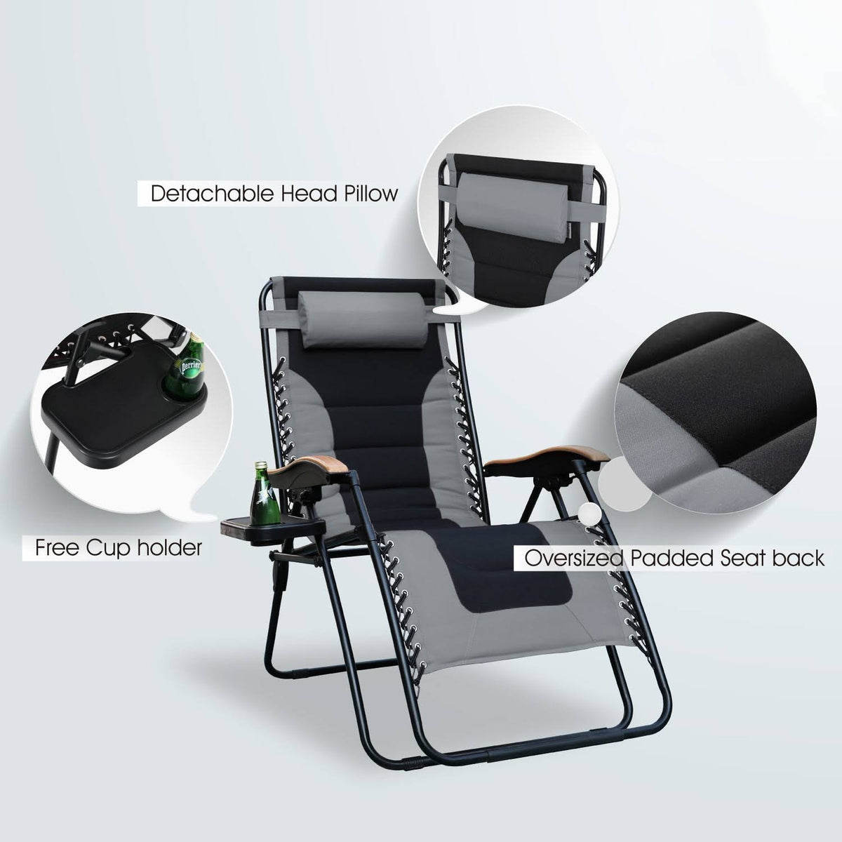 Set of 2 Oversized Padded Zero Gravity Chair, Grey K682