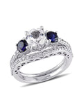 Created White & Created Blue Sapphire 2 Carat (Ctw) with Diamond 1/3 Carat (Ctw) Engagement Ring and Bridal Wedding Set 10K White Gold R490