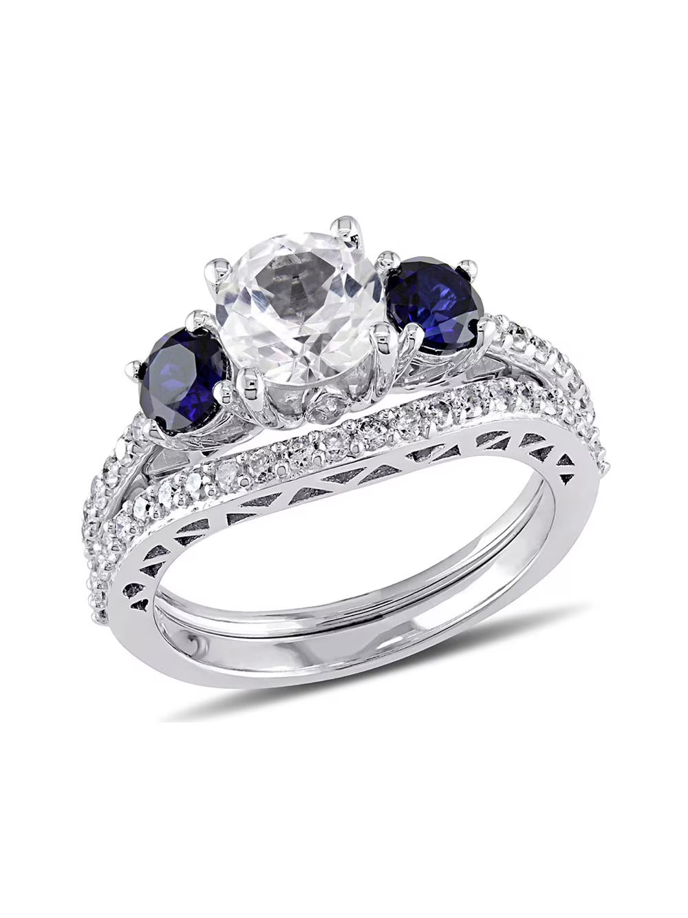 Created White & Created Blue Sapphire 2 Carat (Ctw) with Diamond 1/3 Carat (Ctw) Engagement Ring and Bridal Wedding Set 10K White Gold R490
