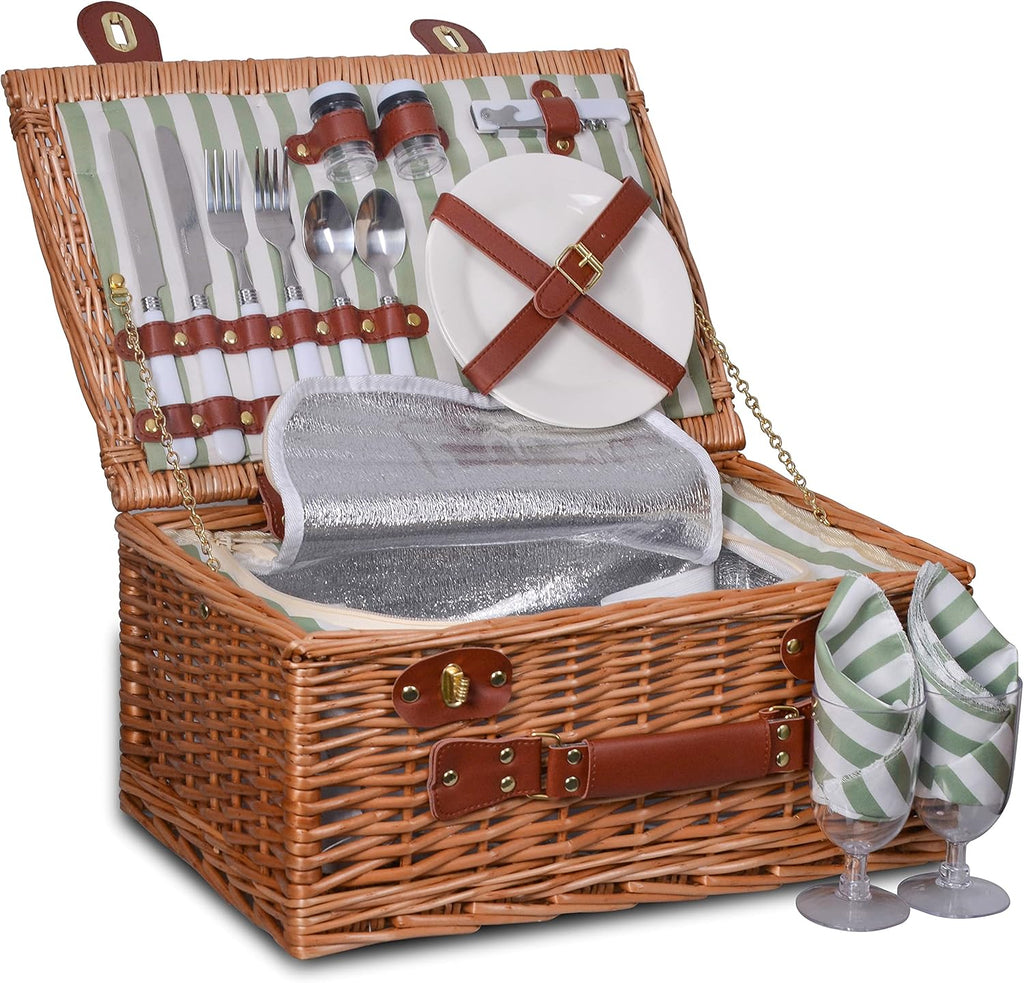 Wicker Picnic Basket Set with Insulated Cooler, Blue Gingham, Pack of 2 Y5855