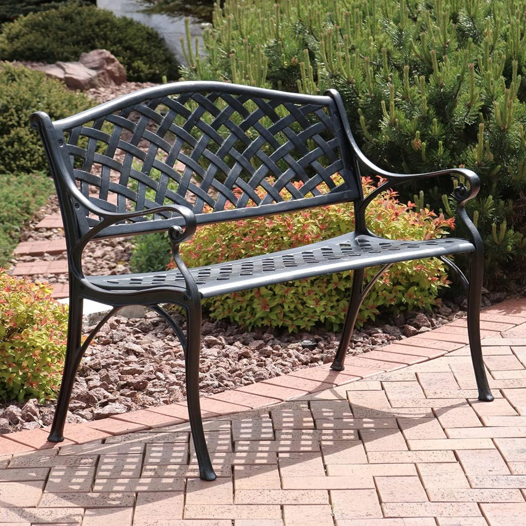Black Checkered Cast Aluminum Outdoor Bench H102549
