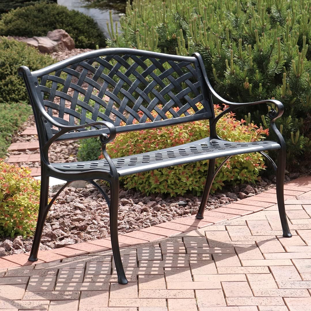 Black Checkered Cast Aluminum Outdoor Bench H102549