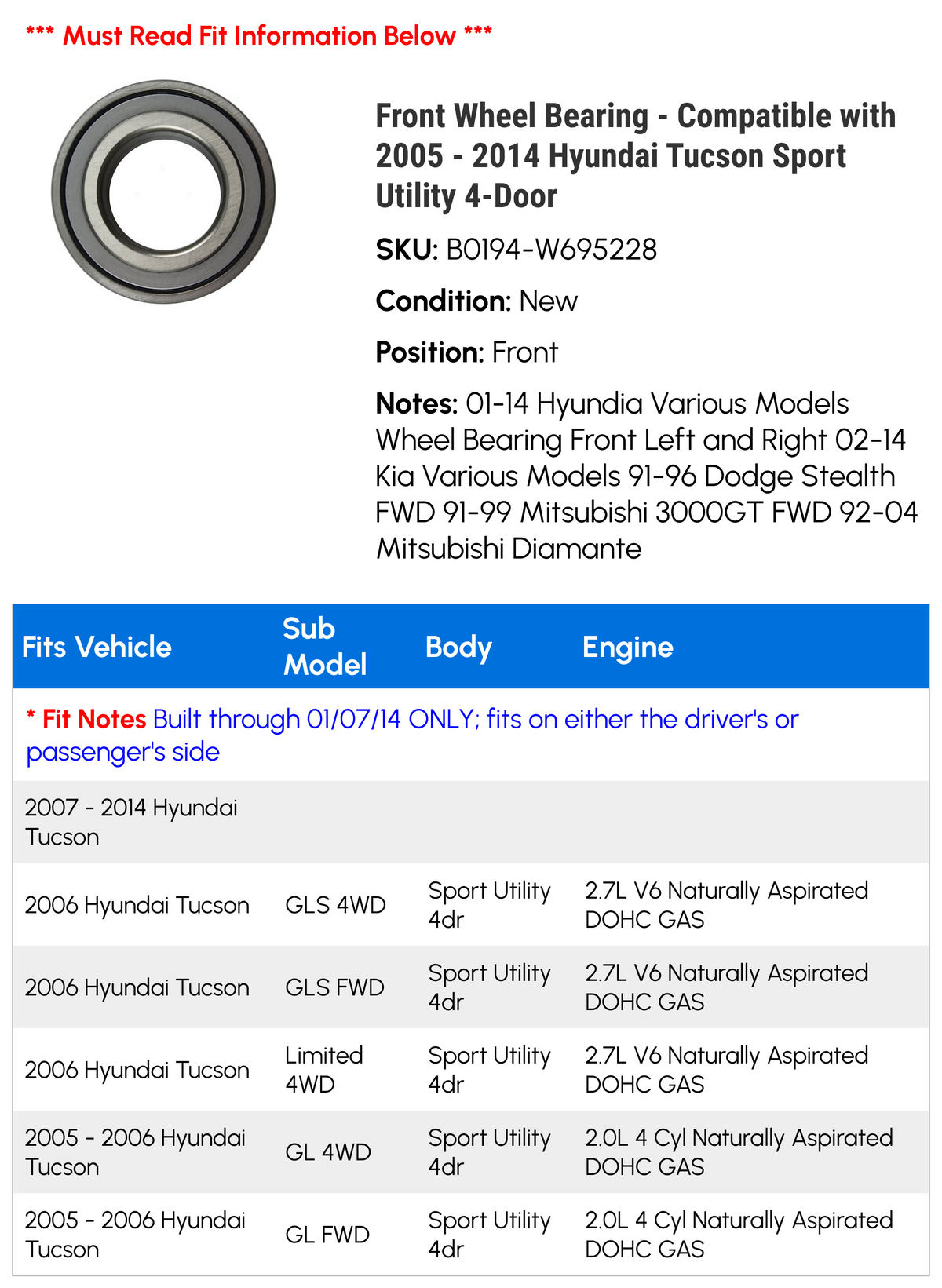 Front Wheel Bearing for Hyundai Tucson Sport Utility 4-Door P13322