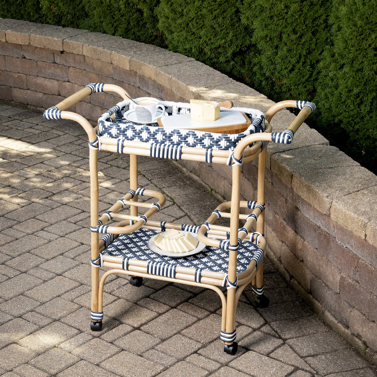 Blue & White Rattan Bar Cart K86822