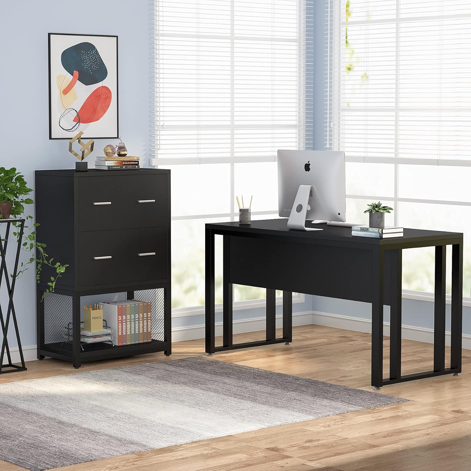2 Drawer Lateral File Cabinet with Metal Wire Storage Shelves (Black) T3317