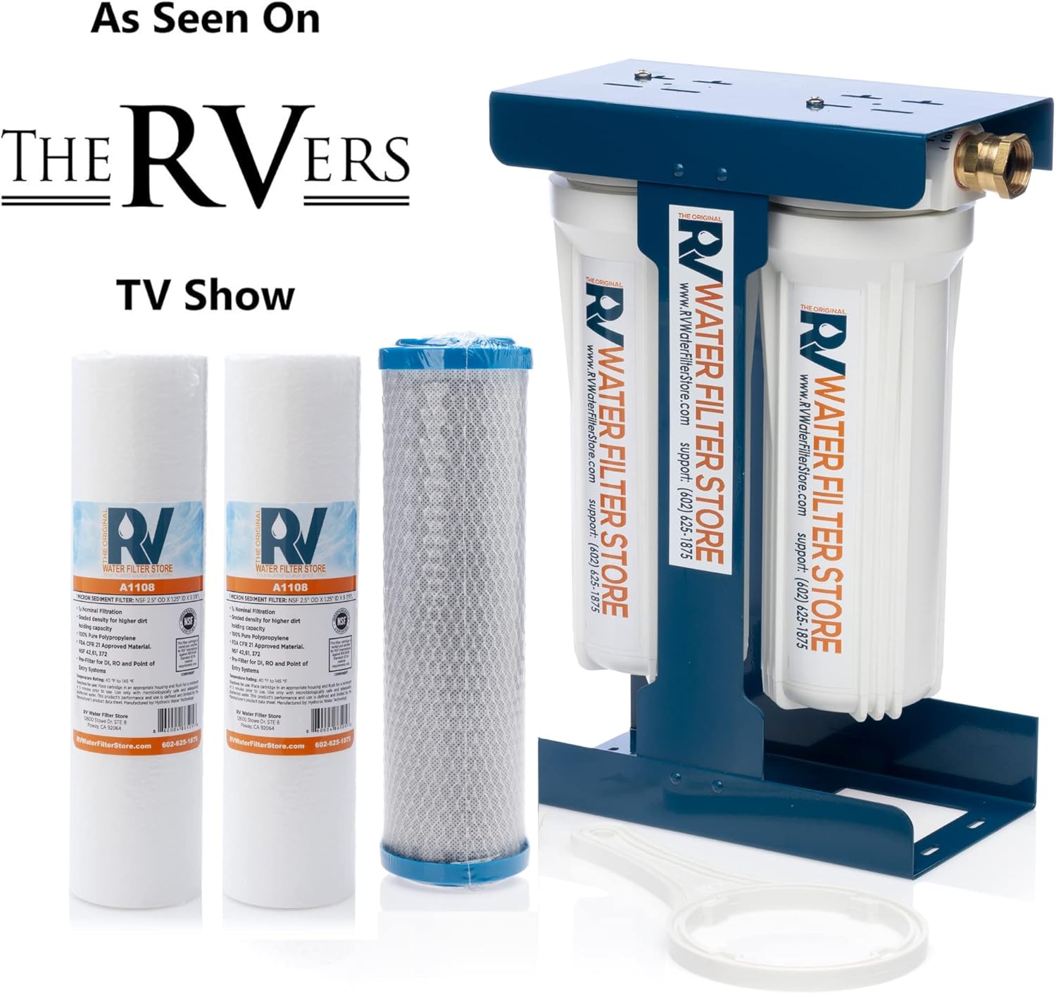 RV Water Filter System with Universal Blue Cage Mounting Bracket and Brass Hose Fittings F1733