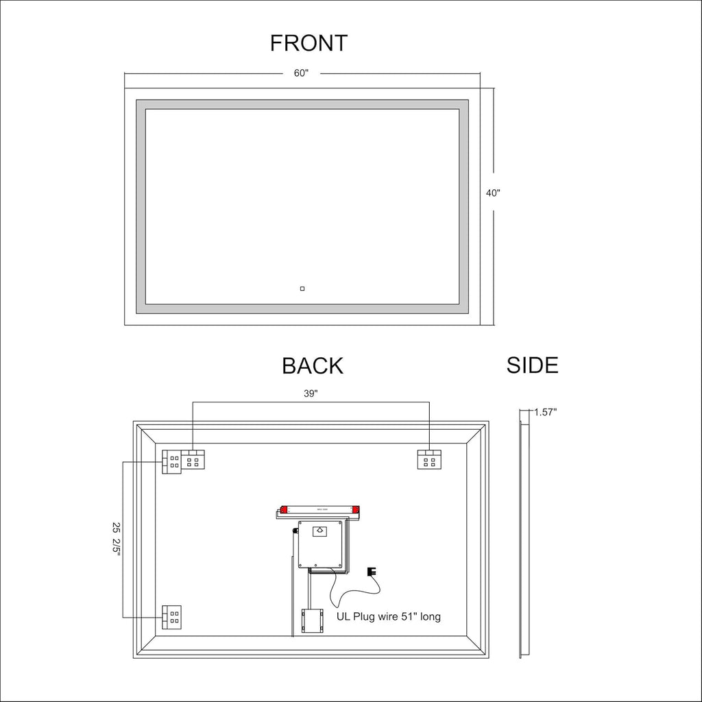 LED Lighted Bathroom Mirror Wall Mounted Vanity Mirror 60 Wx40 H J666