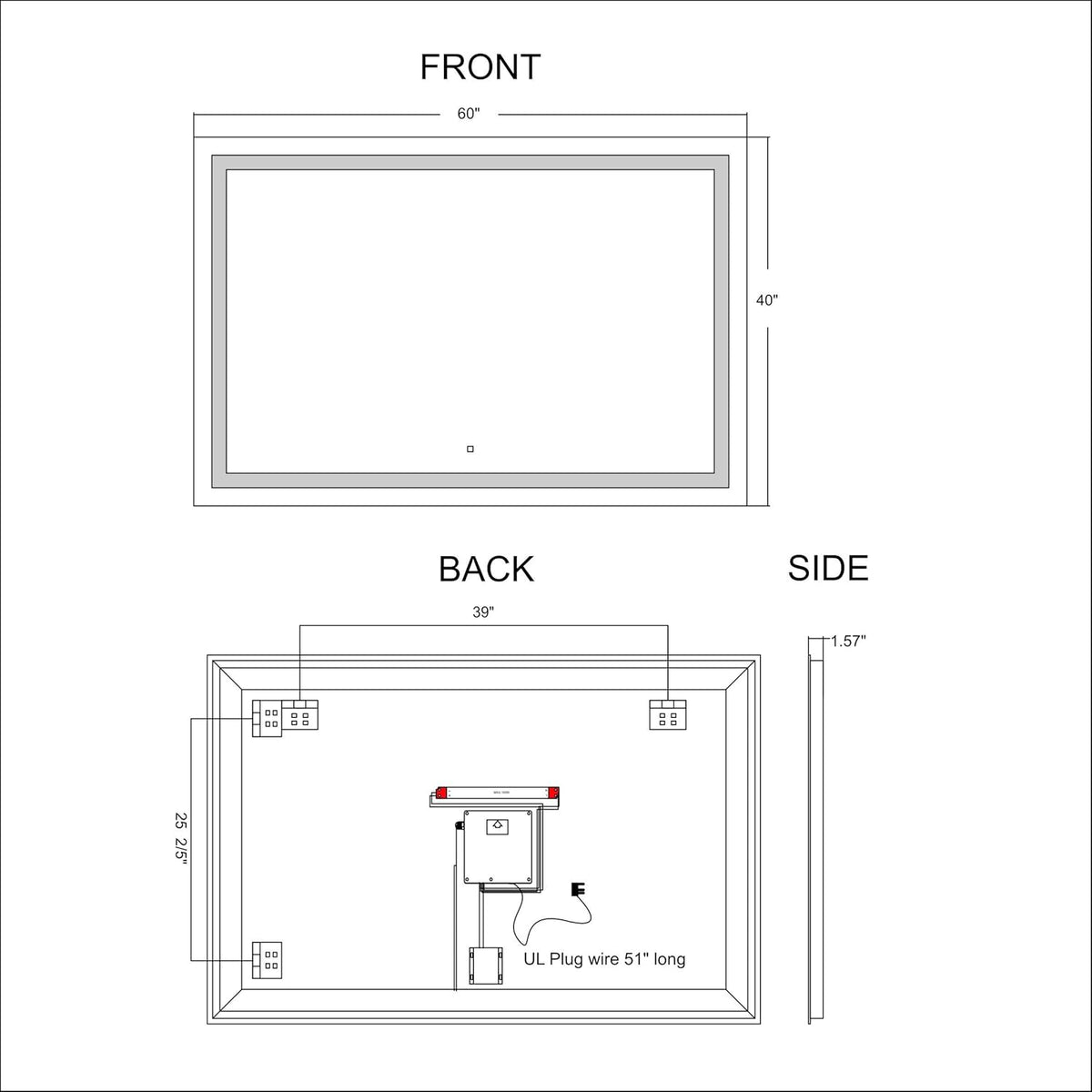 LED Lighted Bathroom Mirror Wall Mounted Vanity Mirror 60 Wx40 H J666
