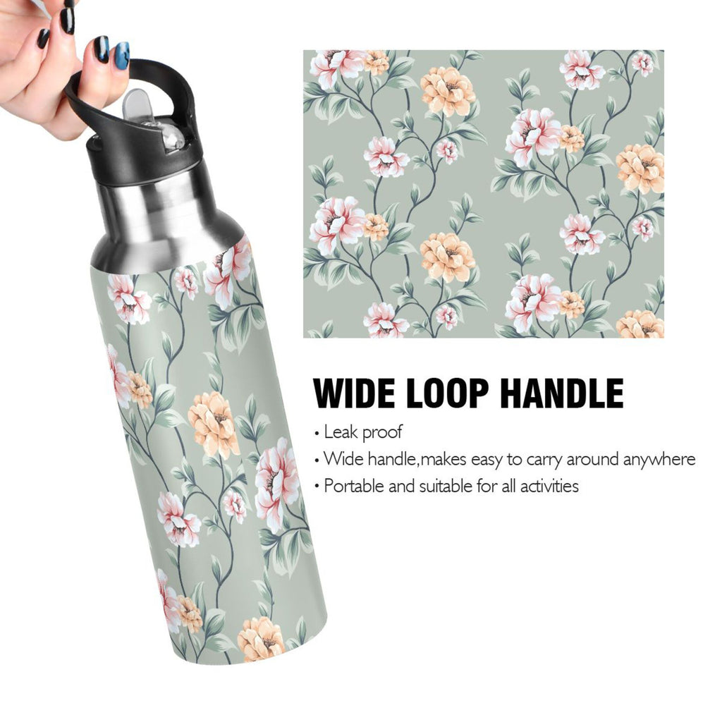 Pink Flowers Stainless Steel Insulated Water Bottle with Straw Lid L917