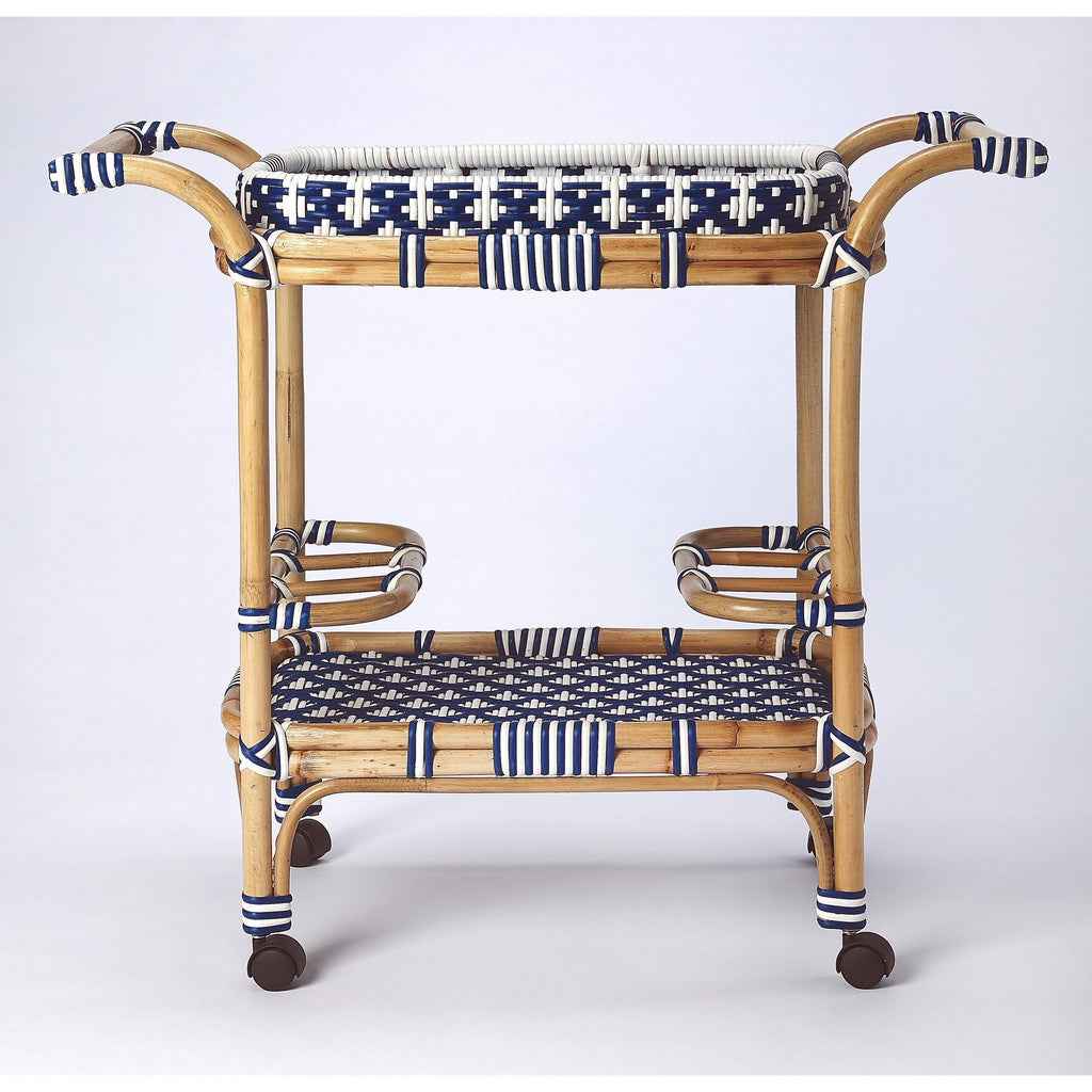 Blue & White Rattan Bar Cart K86822