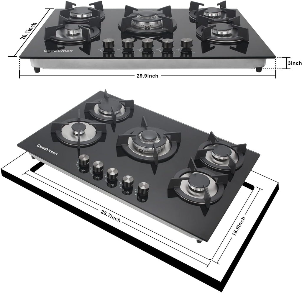 30 Gas Cooktop with 5 Sealed Burners, Tempered Glass, Cast Iron Grates B44921