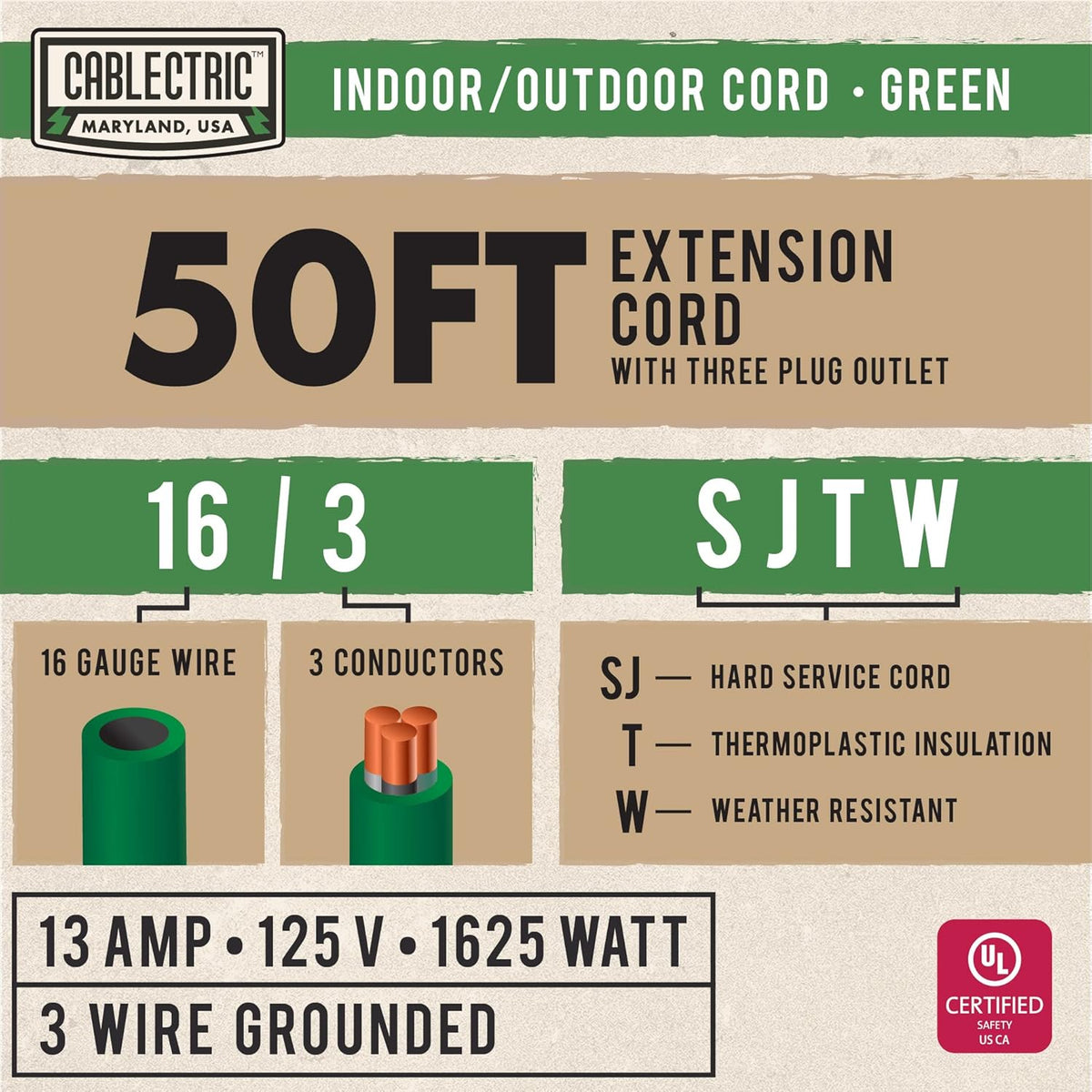 50 Ft Outdoor Extension Cord with 3 Power Outlets, 16/3 SJTW Heavy Duty Yellow Lighted Cable H835