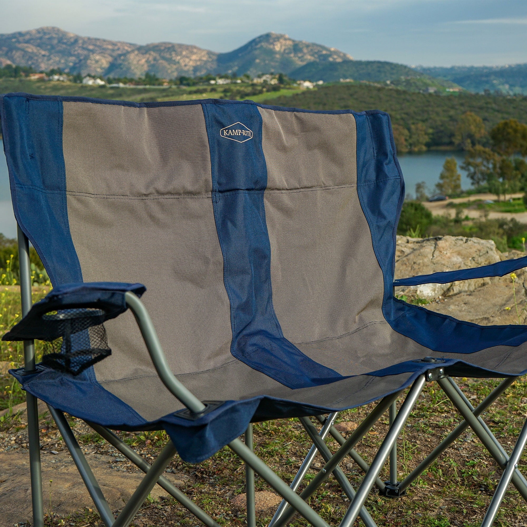 Navy/Tan Portable Double Folding Camp Chair W809294