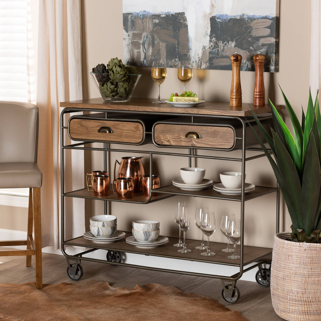 Oak Brown Wood and Black Metal 2-Drawer Kitchen Cart N62541