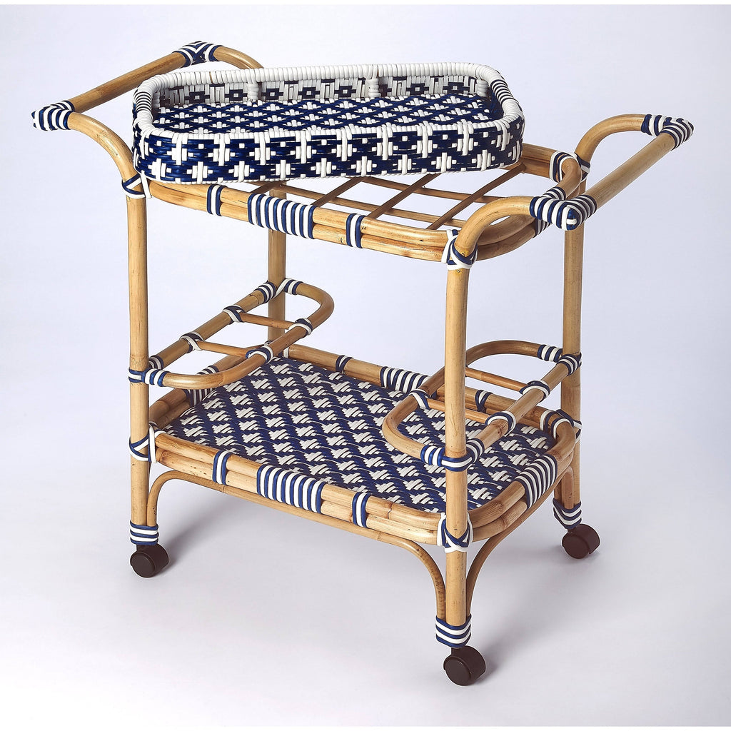 Blue & White Rattan Bar Cart K86822