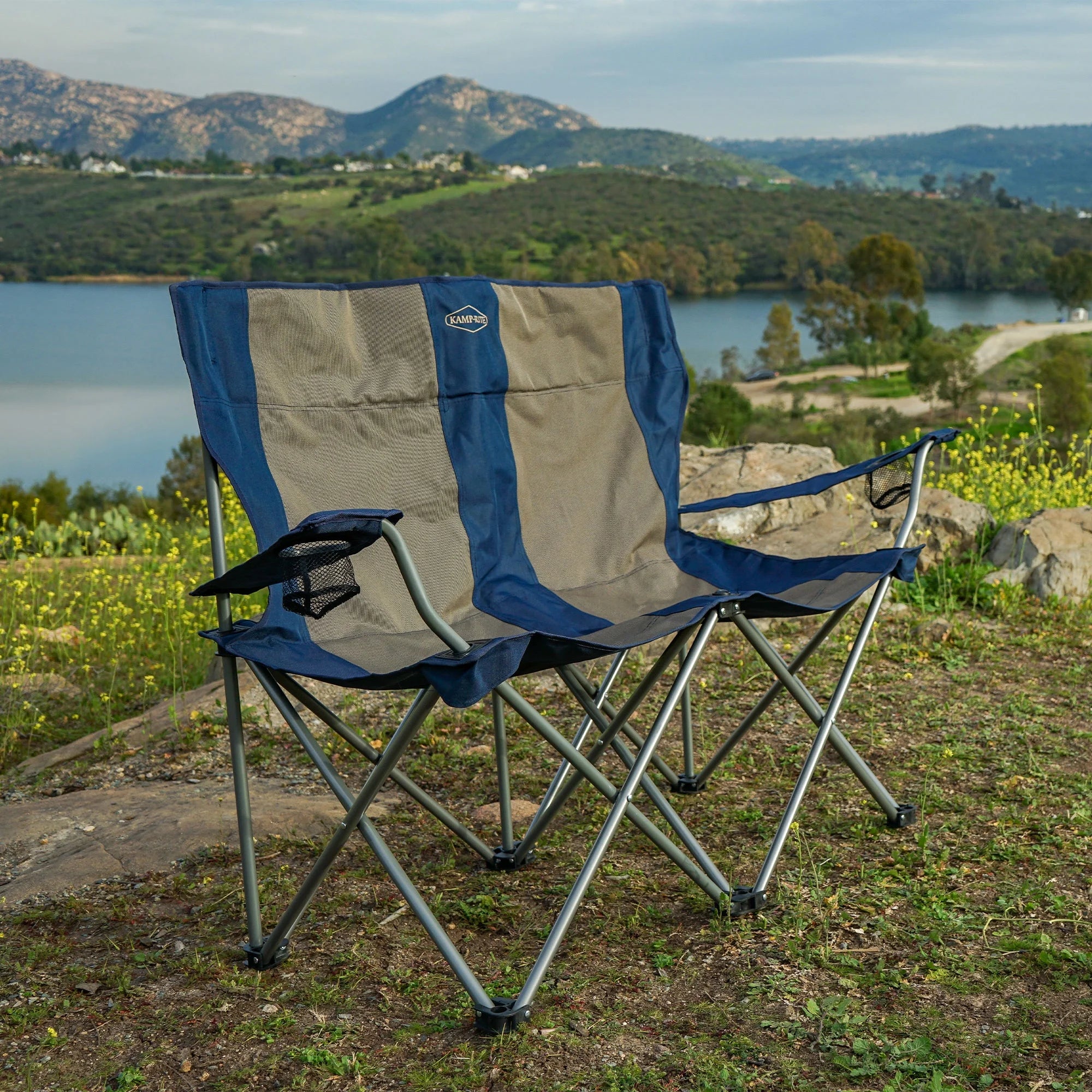 Navy/Tan Portable Double Folding Camp Chair W809294