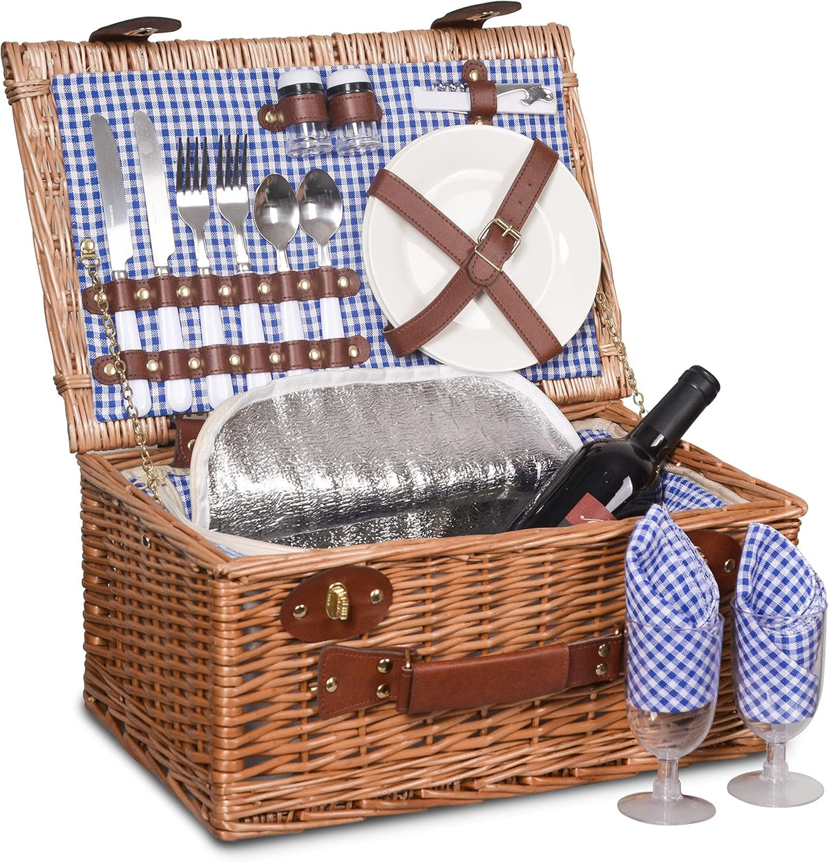 Wicker Picnic Basket Set with Insulated Cooler, Blue Gingham, Pack of 2 Y5855