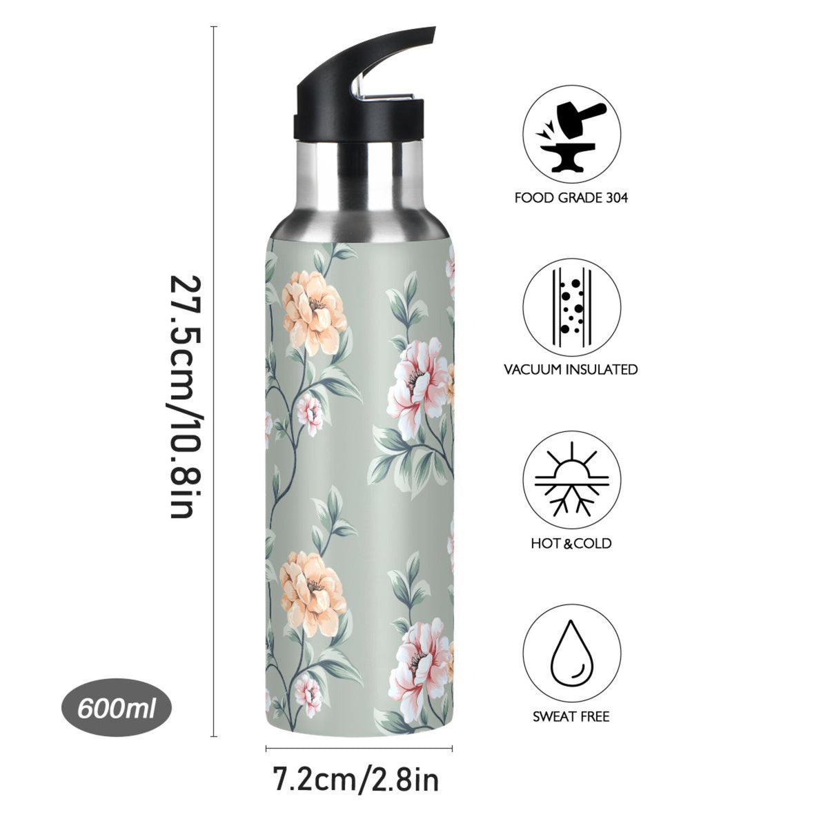 Pink Flowers Stainless Steel Insulated Water Bottle with Straw Lid L917