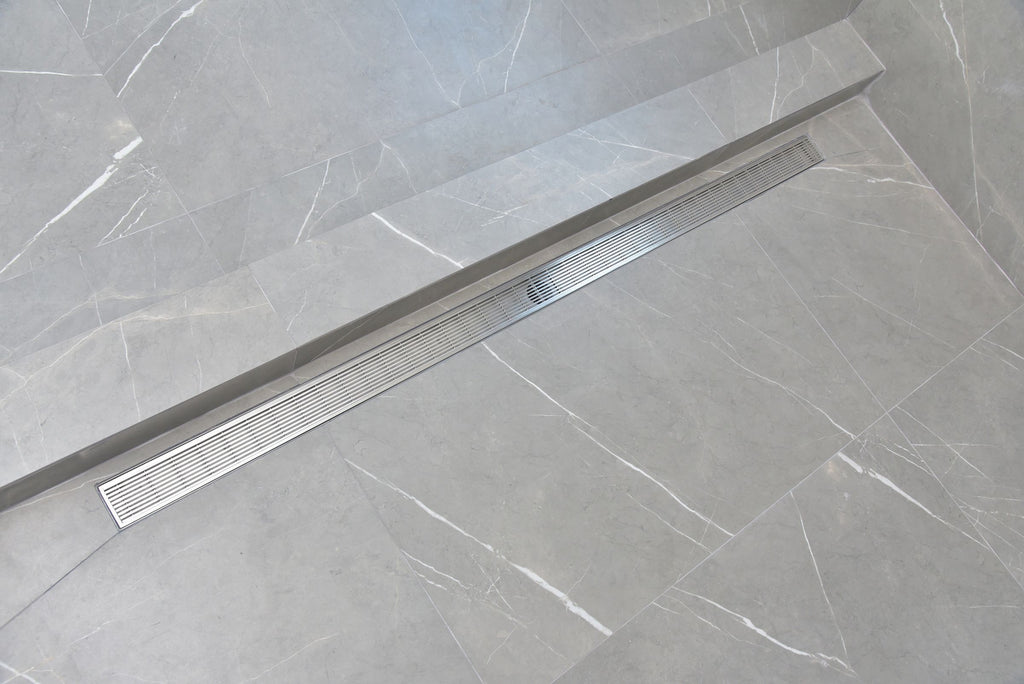 Linear Shower Drain Offset Side Outlet Extra Thick 6 Gauge Brushed 304 Stainless Steel Rectangle Floor Drain Set O873406