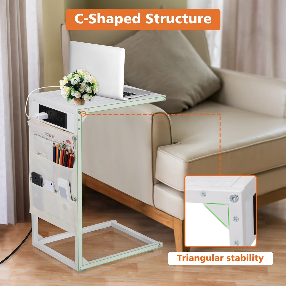 White C Shaped Side Table with Charging Station F489959