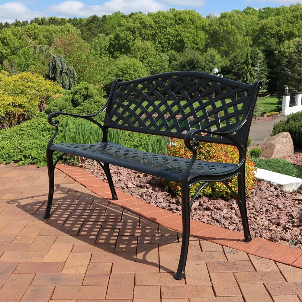 Black Checkered Cast Aluminum Outdoor Bench H102549