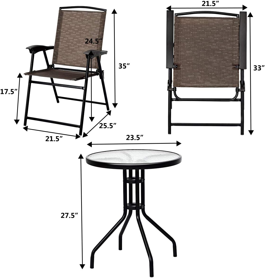 3-Piece Patio Bistro Set with Round Tempered Glass Table and 2 Foldable Chairs N376722