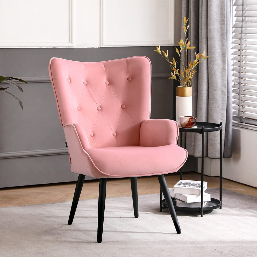 Pink Velvet Tufted Wingback Accent Chair with Solid Metal Legs O329131