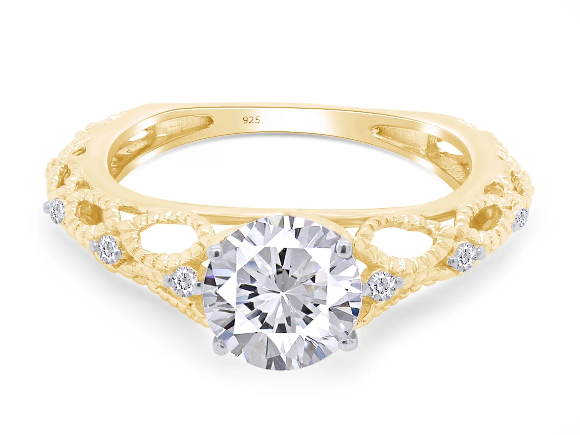Twisted Solitaire Engagement Ring In 14K Yellow Gold Over Sterling Silver U503