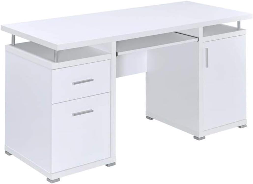 White Computer Desk with 2 Drawers and Cabinet A2701