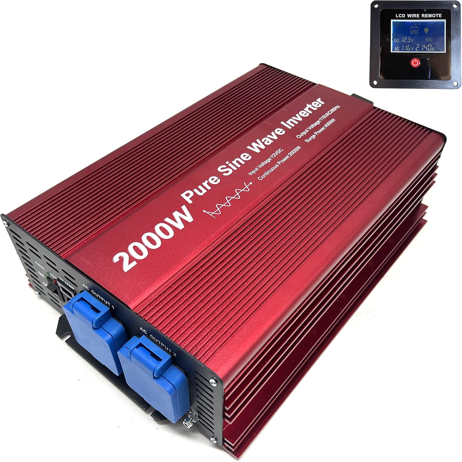2000W Pure Sine Wave Inverter 12V to 120V AC with 2 AC Outlets, DC5V 2 Amp USB Output, LCD Wire Remote Kit and OFC Battery Cables E120