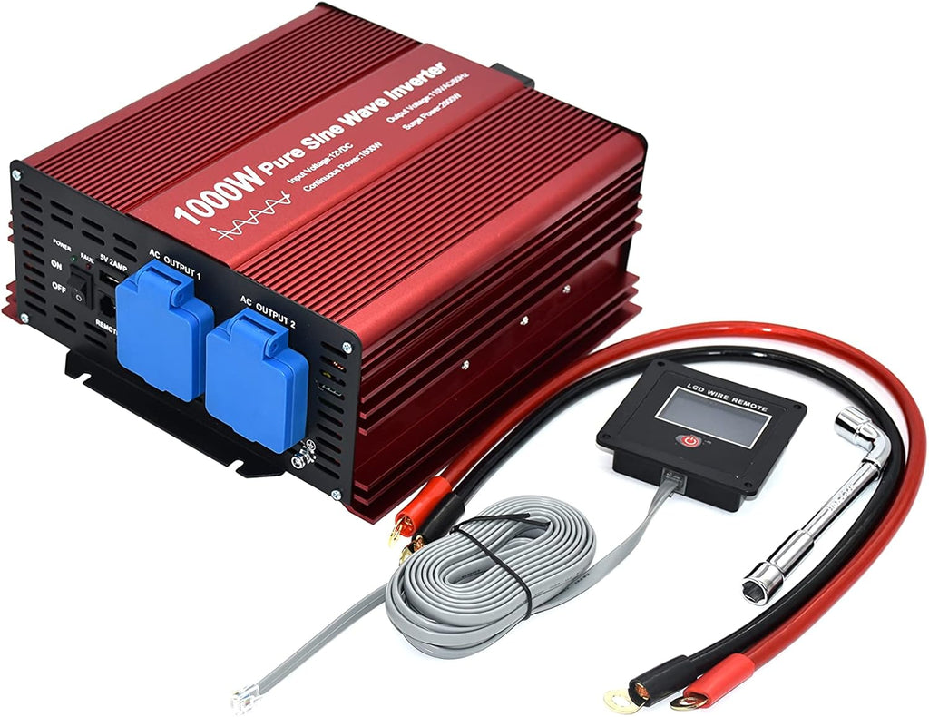 2000W Pure Sine Wave Inverter 12V to 120V AC with 2 AC Outlets, DC5V 2 Amp USB Output, LCD Wire Remote Kit and OFC Battery Cables E120