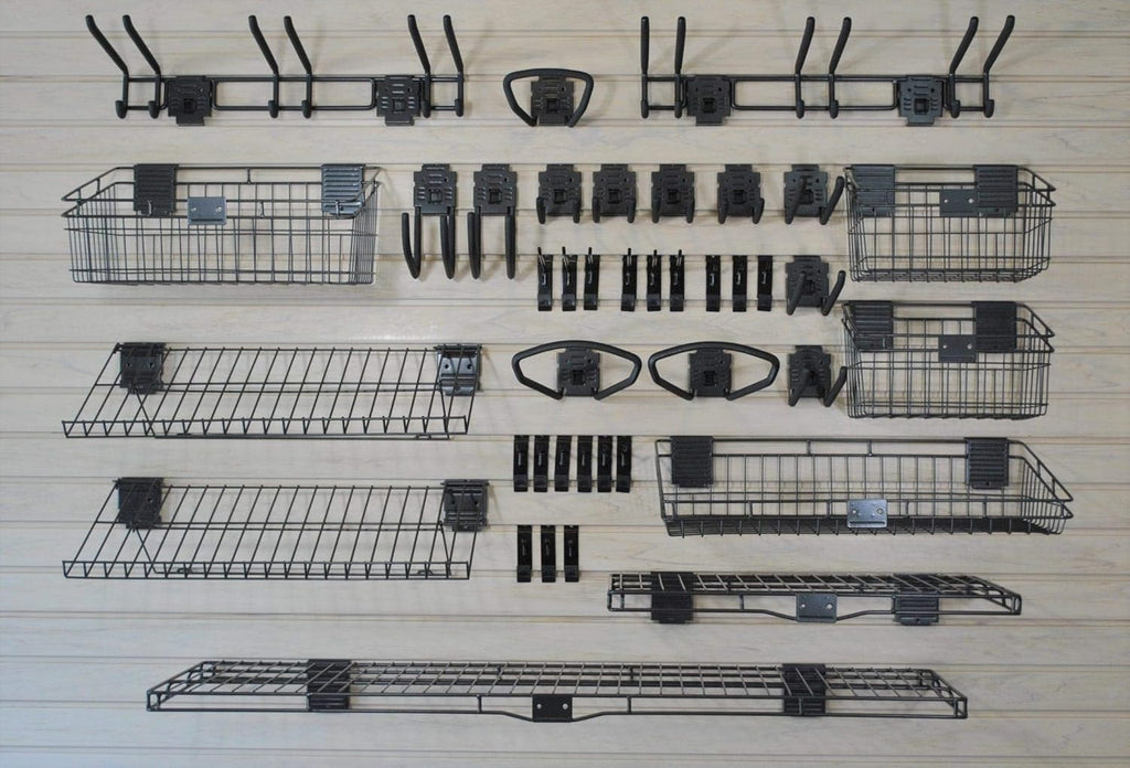 Deluxe Accessory Kit with 46 Locking Bracket Hooks, Shelves, and Baskets for Slatwall Panels V7457