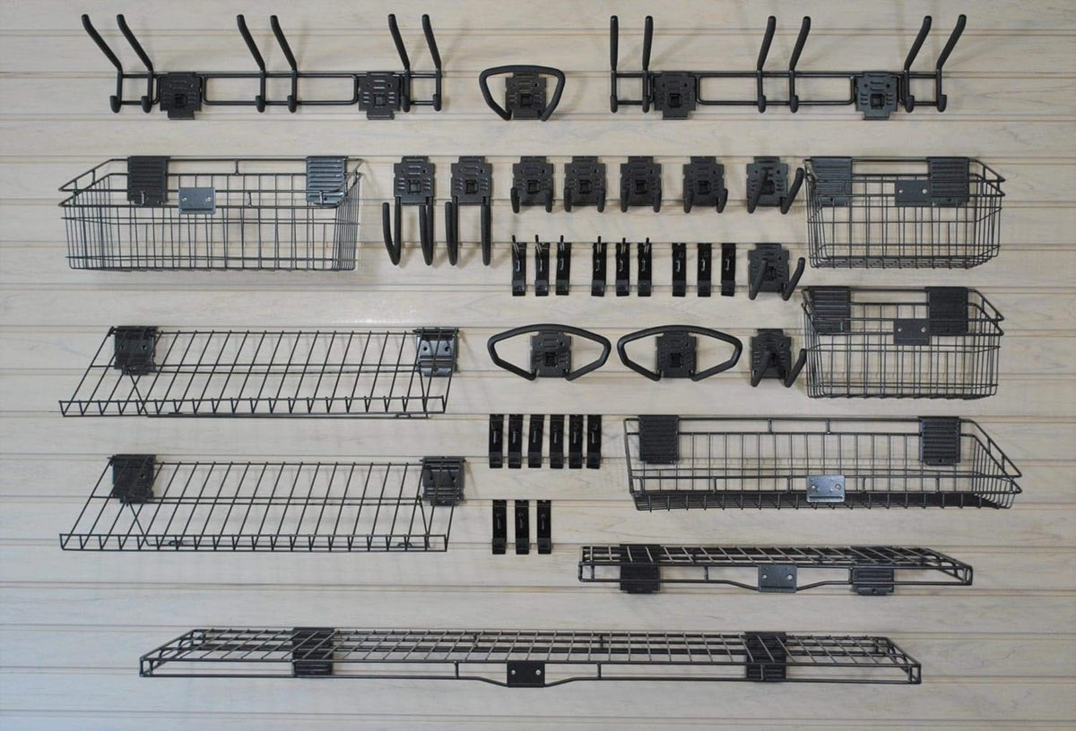 Deluxe Accessory Kit with 46 Locking Bracket Hooks, Shelves, and Baskets for Slatwall Panels V7457