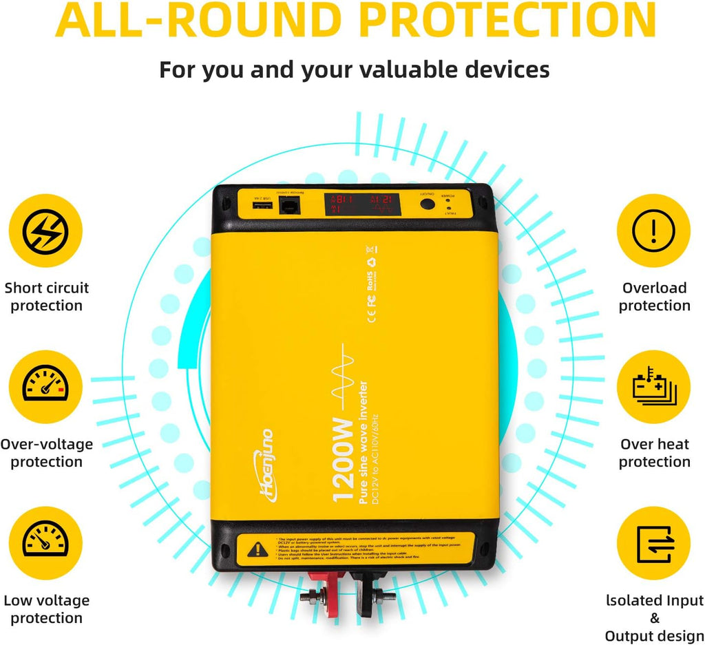 1200W Pure Sine Wave Power Inverter DC 12V to AC 110-120V with Remote Control Cable K2631