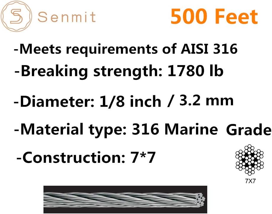 1/8 Stainless Steel Aircraft Wire Rope 500 Feet T 316 Marine Grade Cable Railing Kit K9429