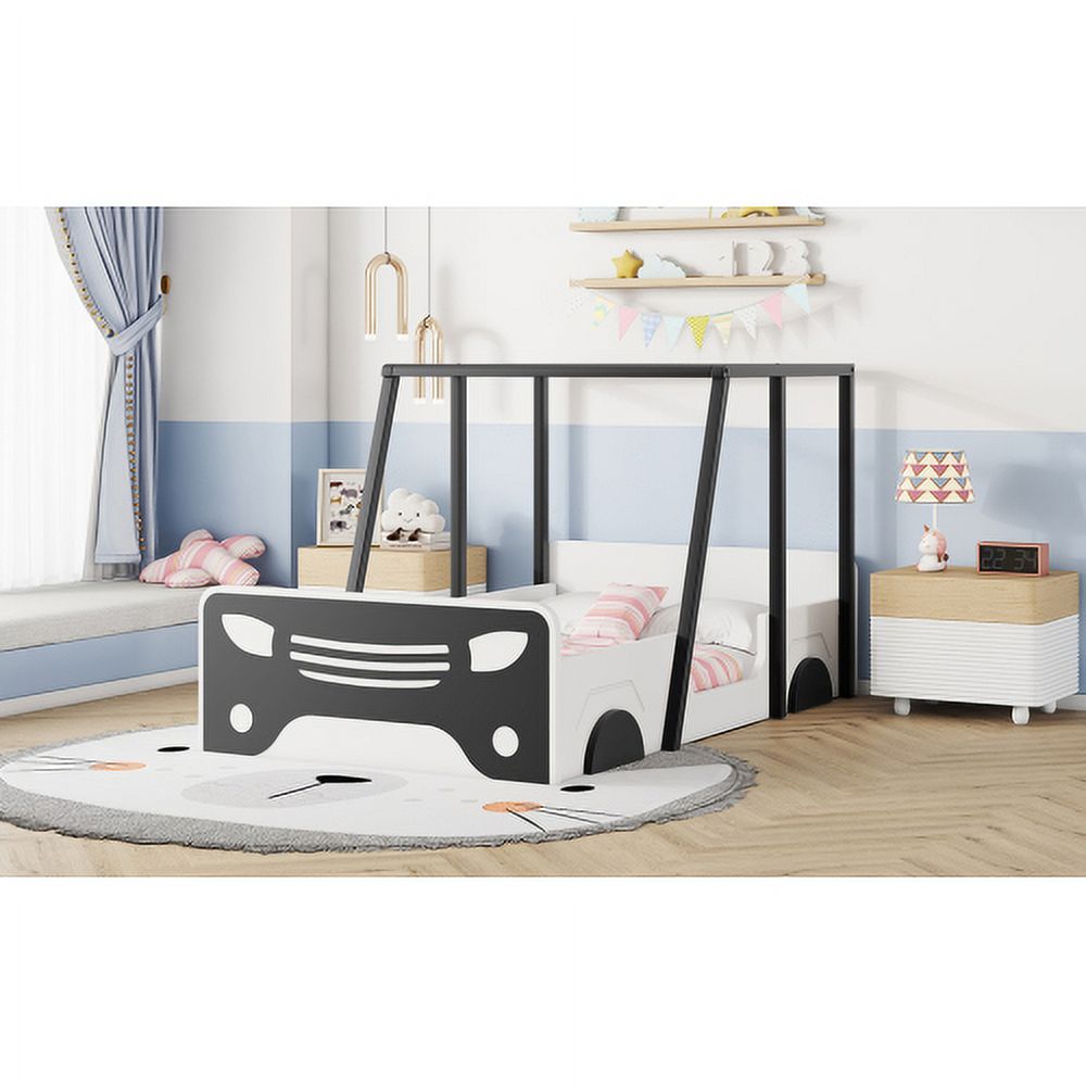 Black Wooden Twin Car-shaped Bed with Roof, Wheels, and Door Z90349