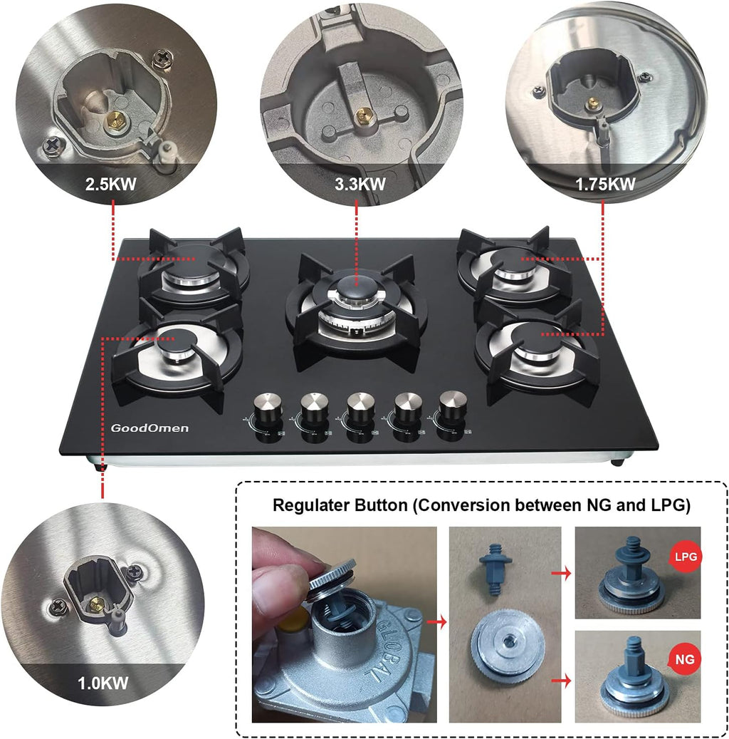 30 Gas Cooktop with 5 Sealed Burners, Tempered Glass, Cast Iron Grates B44921