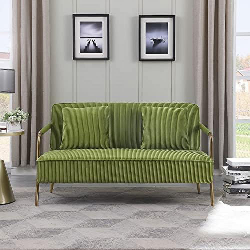 55" Pleated Velvet Loveseat Sofa with 2 Throw Pillows and Gold Metal Legs P70265
