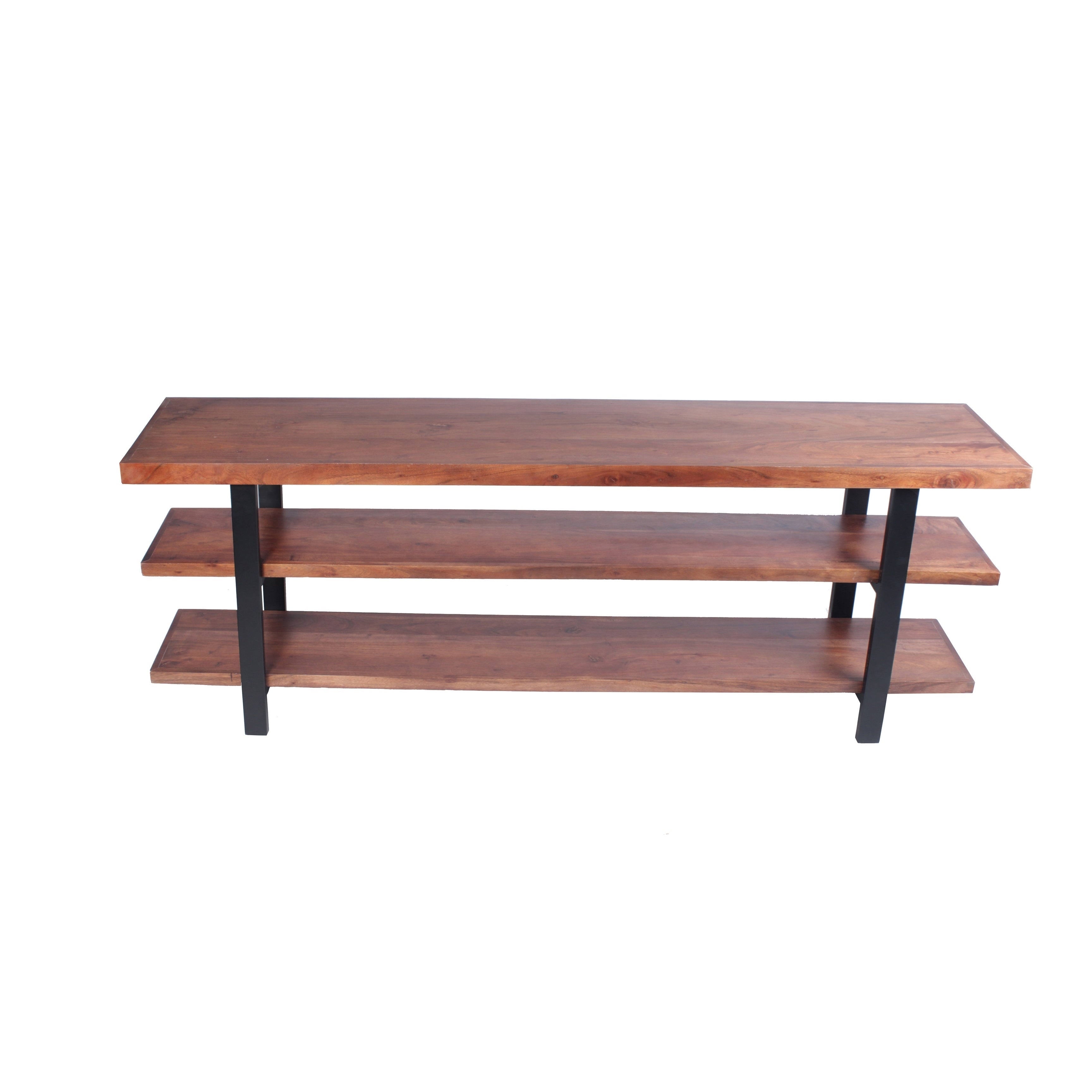 Brown and Black Mango Wood and Iron Console Table with Three Shelves J2441