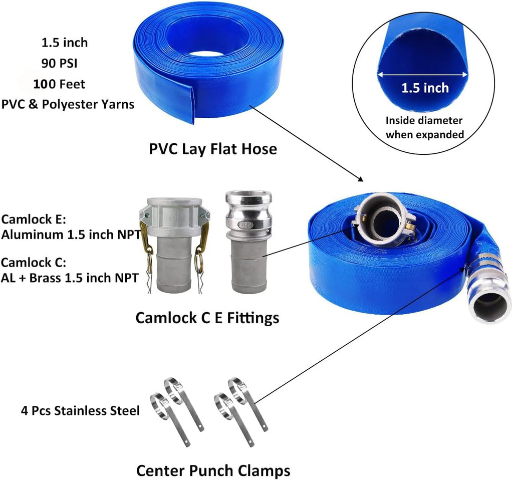 1.5 x 100' Blue PVC Heavy Duty Discharge Hose with Camlock C and E Fittings C419