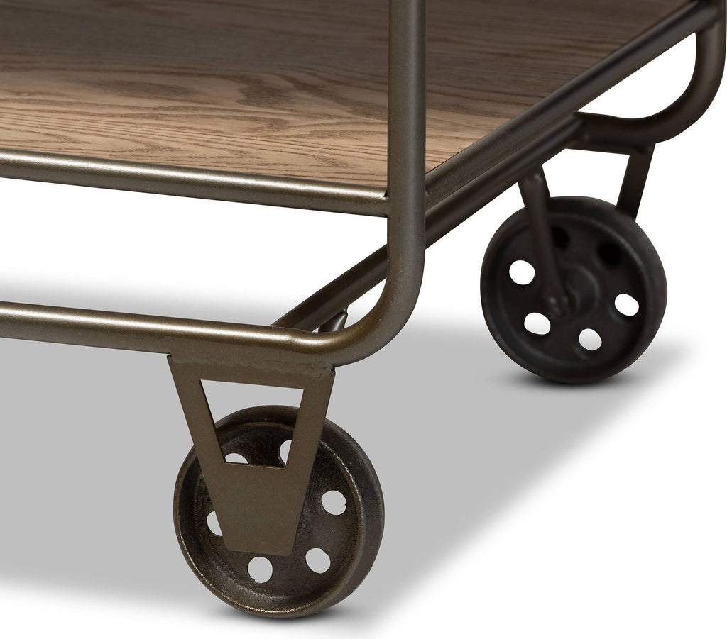 Oak Brown Wood and Black Metal 2-Drawer Kitchen Cart N62541